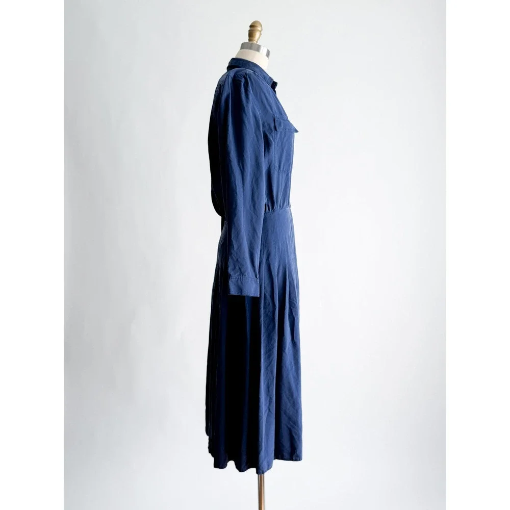 Argenti Silk Shirt Dress Vintage 80s Midi Pleated 10 Blue Long Sleeve Pocket